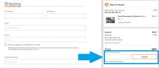 the home depot checkout page highlighting the area where you enter your home depot promo code