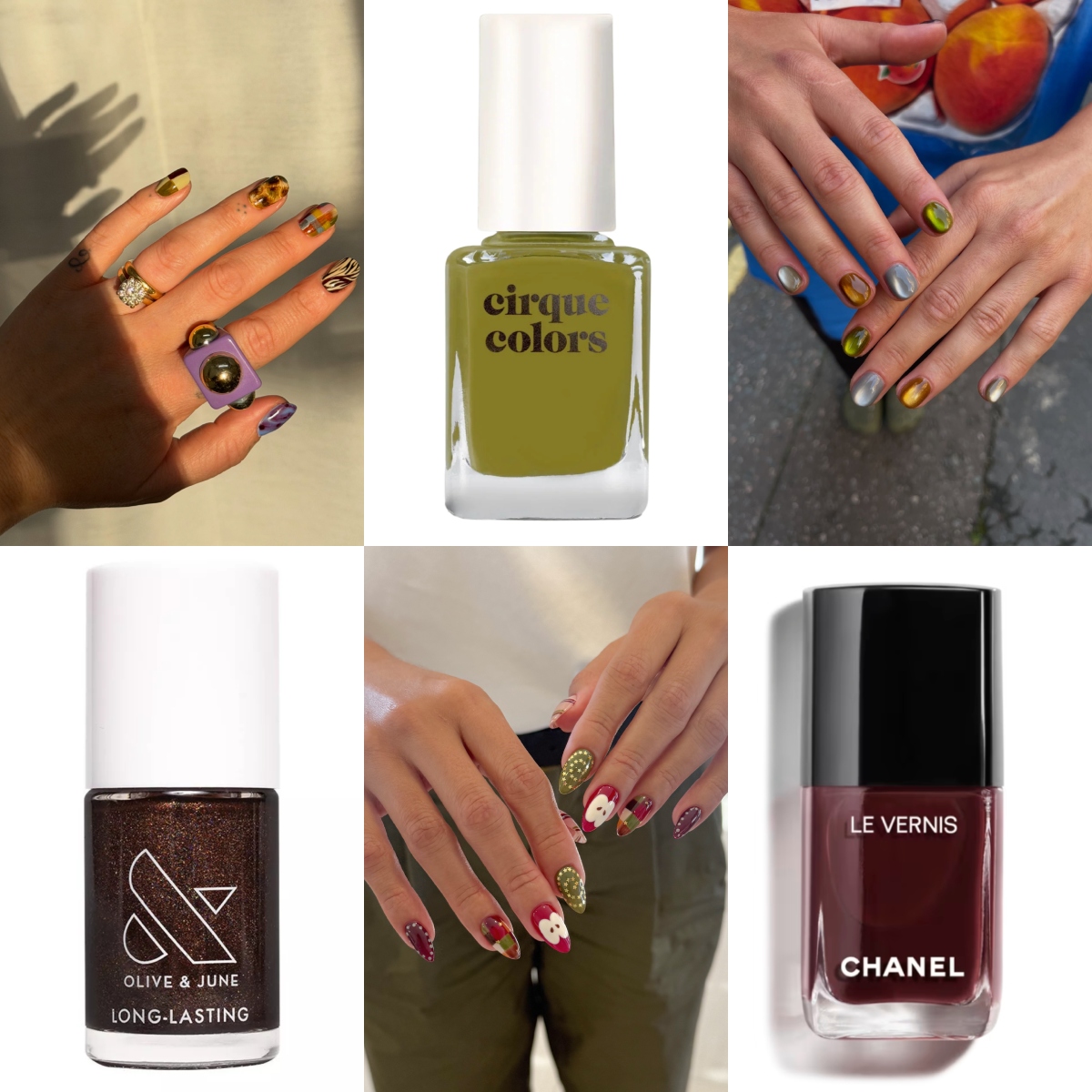 mismatched nail art with tortoiseshell zebra print plaid and green and gold details