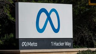 Meta logo and branding pictured on the tech giant's head office sign at One Hacker Way in Menlo Park, California. 