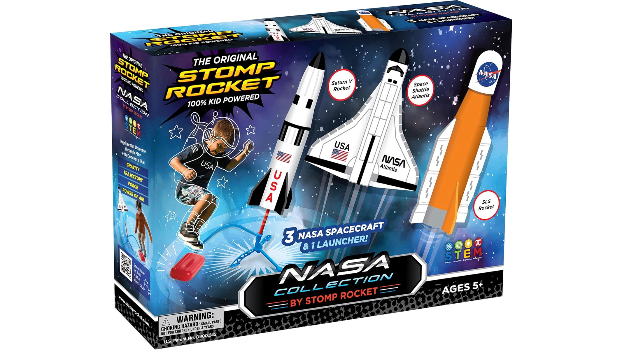 A blue product box shows a kid jumping on a red square and launching three NASA rockets in the air.