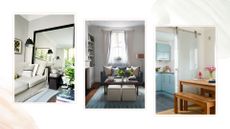 Collage image on a painterly background showing a living room with a mirror, a living room with compact furniture and a kitchen with a sliding door to show how to make a small room look bigger on a budget