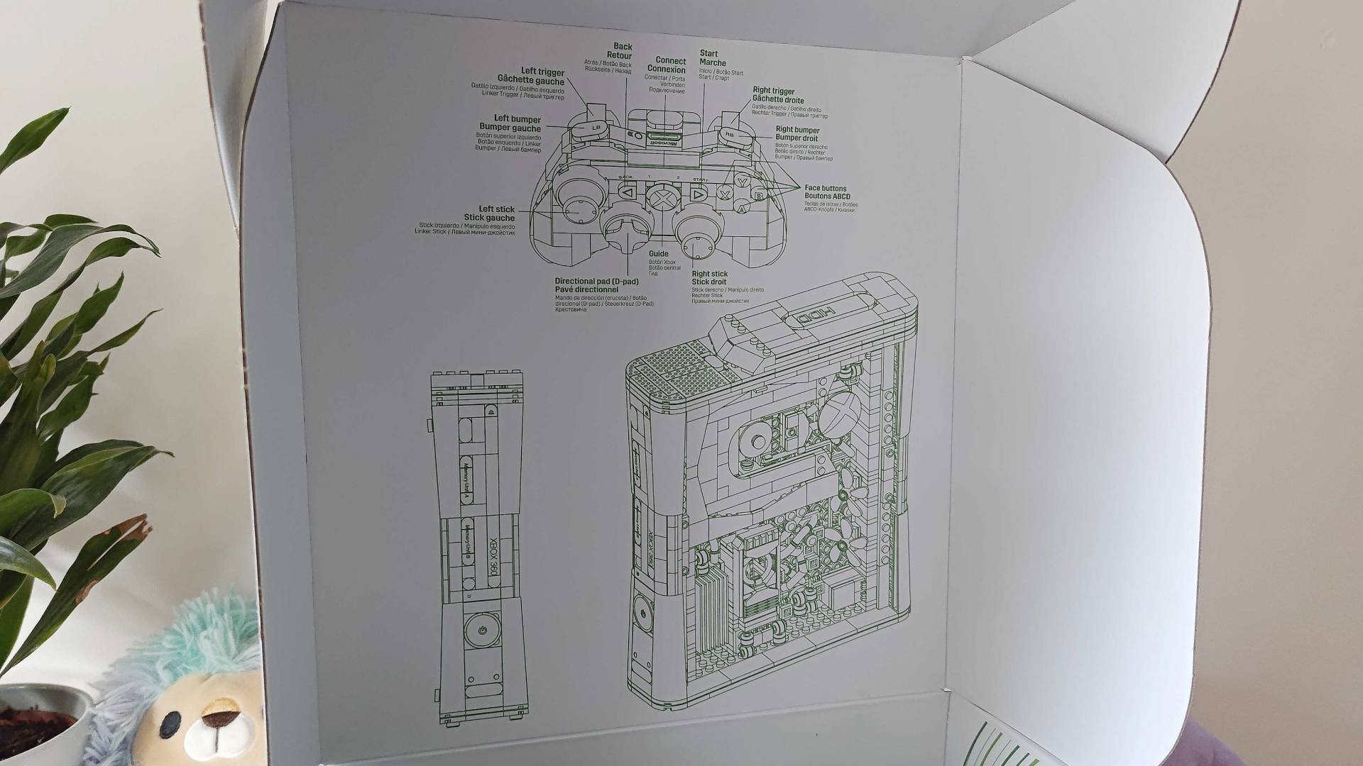 Interior de la tapa de la caja de MEGA Xbox 360 con diagramas