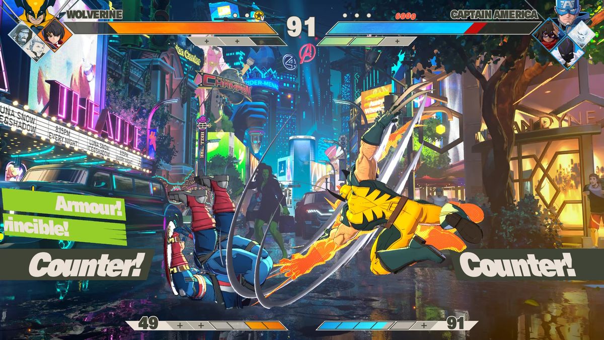 Gameplay of Marvel Tōkon, showing Wolverine lunging at Captain America with his claws.