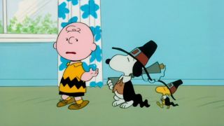 Charlie Brown, Snoopy, and Woodstock in a kitchen in A Charlie Brown Thanksgiving