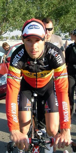 Stage winner Tom Boonen (Quick Step) heads to the podium.