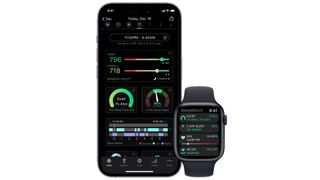 A phone and a smart watch showing the SleepWatch app in use with sliding scales and diagrams of sleep insights