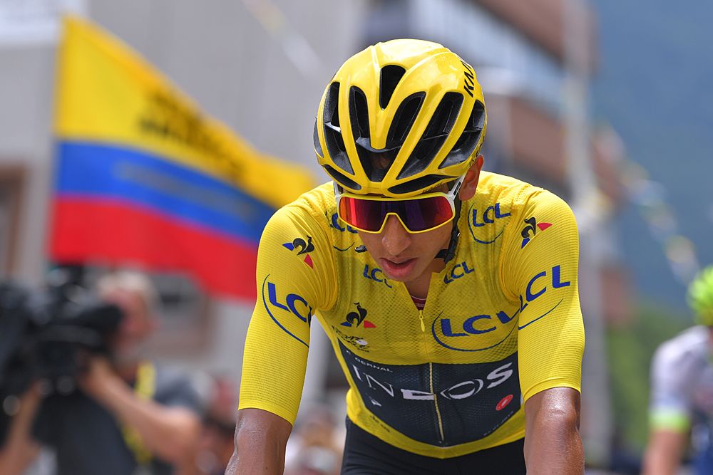 Egan Bernal (Team Ineos) starts stage 20 in the yellow jersey at the Tour de France
