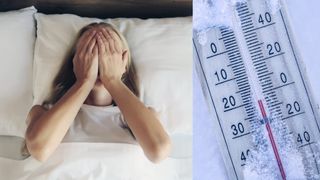 On the left, a woman lies in bed with her hands over head, experiencing insomnia. On the right, a close up of a thermometer showing temperatures that have dropped below zero. The thermometer is covered in ice
