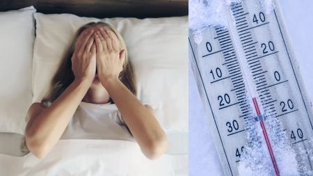On the left, a woman lies in bed with her hands over head, experiencing insomnia. On the right, a close up of a thermometer showing temperatures that have dropped below zero. The thermometer is covered in ice