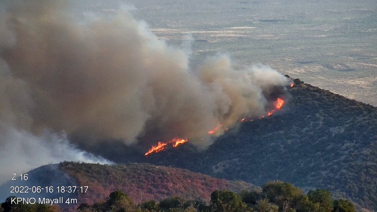 A view of the Contreras Fire burning the slopes of Kitt Peak mountain on June 16, 2022.