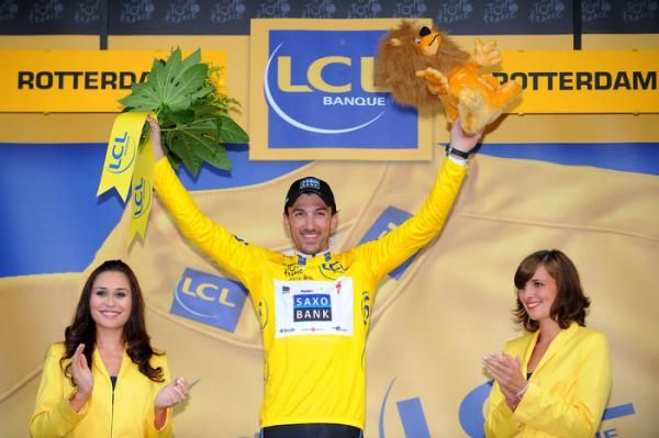 Fabian Cancellara celebrates his 16th career yellow jersey.
