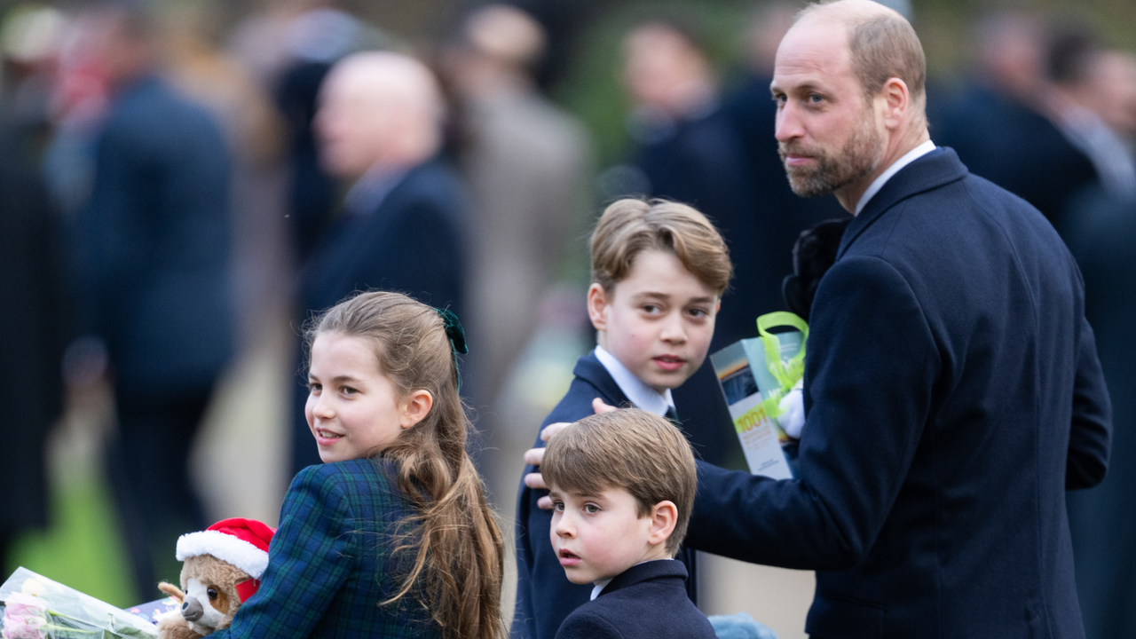 Princess Charlotte of Wales, Prince Louis of Wales, Prince George of Wales and Prince William, Prince of Wales attend the Christmas Morning Service at Sandringham Church on December 25, 2024 in Sandringham, Norfolk.