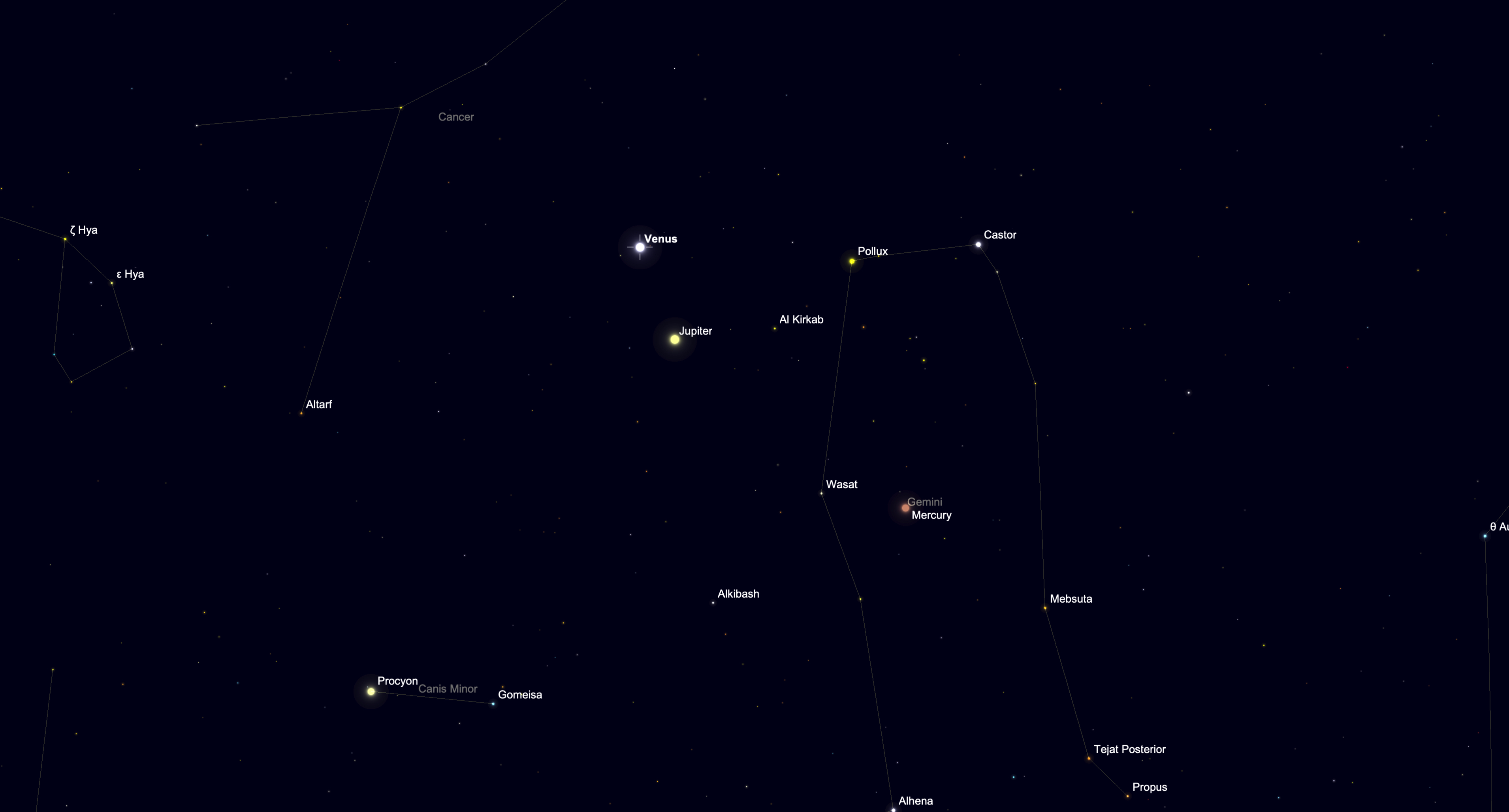 night sky map showing the locations of Venus, Mercury and Jupiter in the night sky.