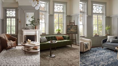 Three rooms featuring rugs from Magnolia Home&#039;s collection with Loloi