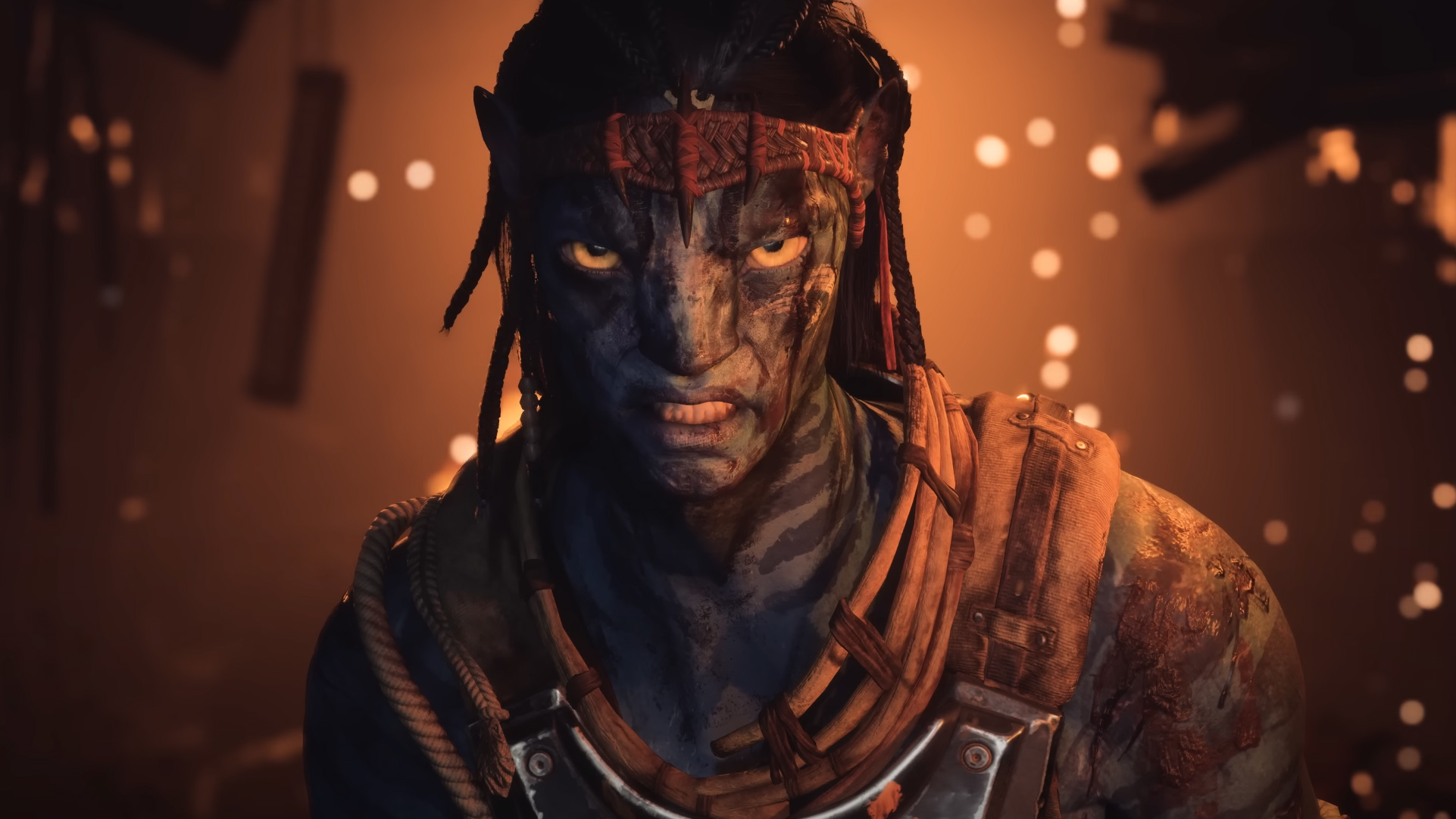 Avatar: Frontiers of Pandora screenshot showing a Na&#039;vi baring its teeth. 