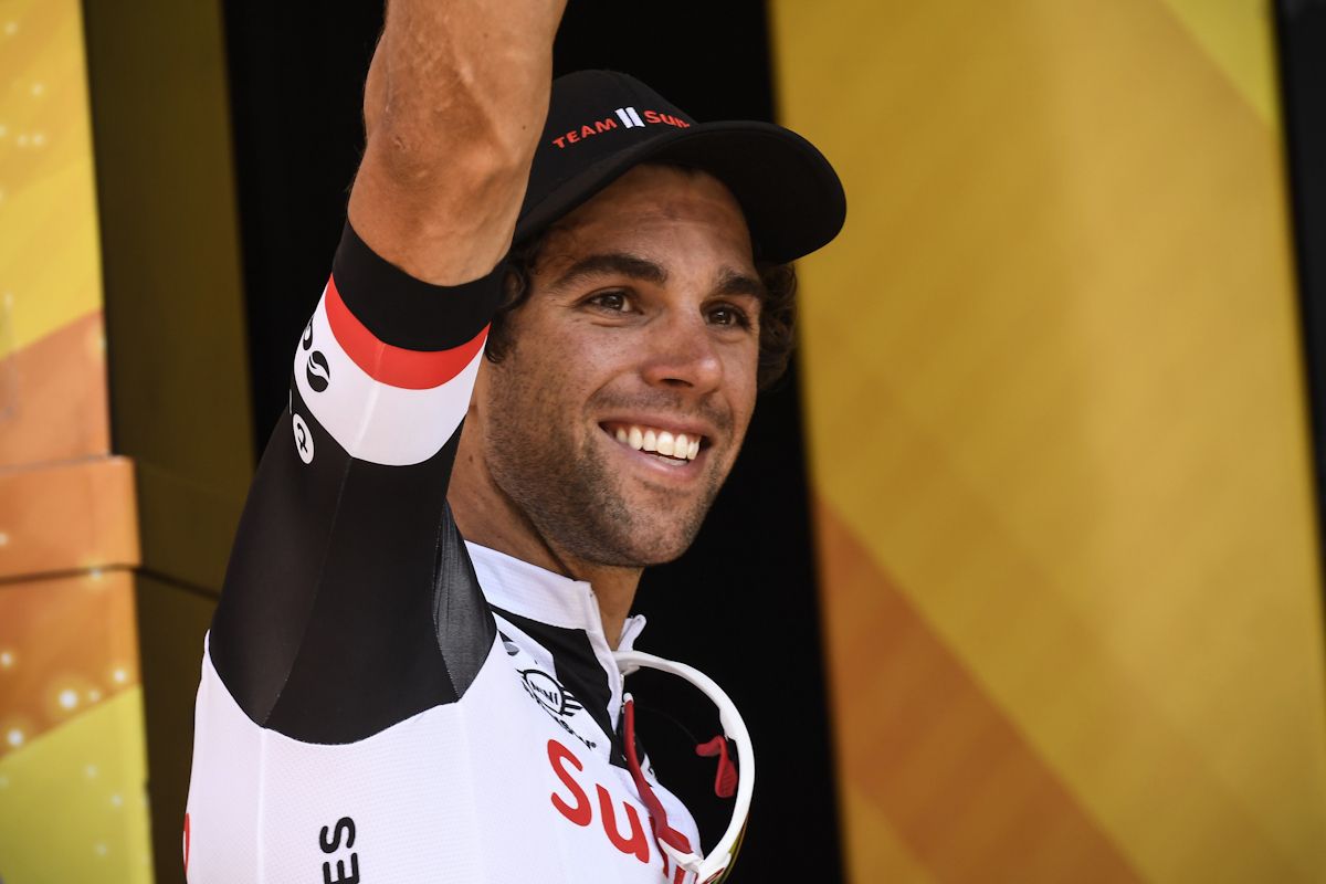 Michael Matthews celebrates winning stage 16 at the Tour de France