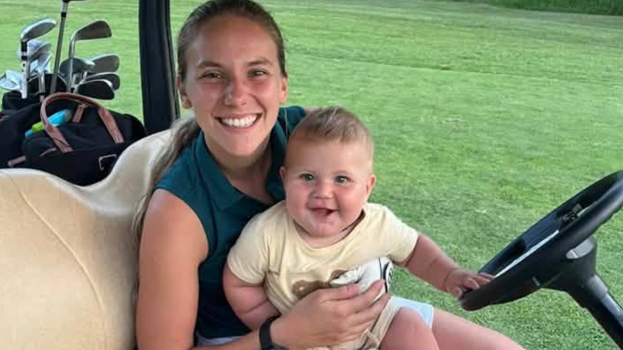 Amy Ballantyne Kroukamp with her son in a golf cart on the course