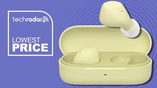 Sony WF-C510 earbuds in butter yellow, on purple background with TR's 'lowest price' badge 
