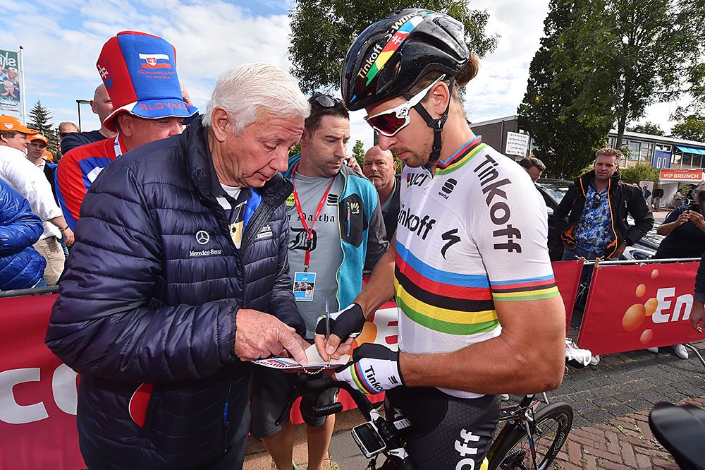 Peter Sagan (Tinkoff) signs autographs at start of Eneco Tour