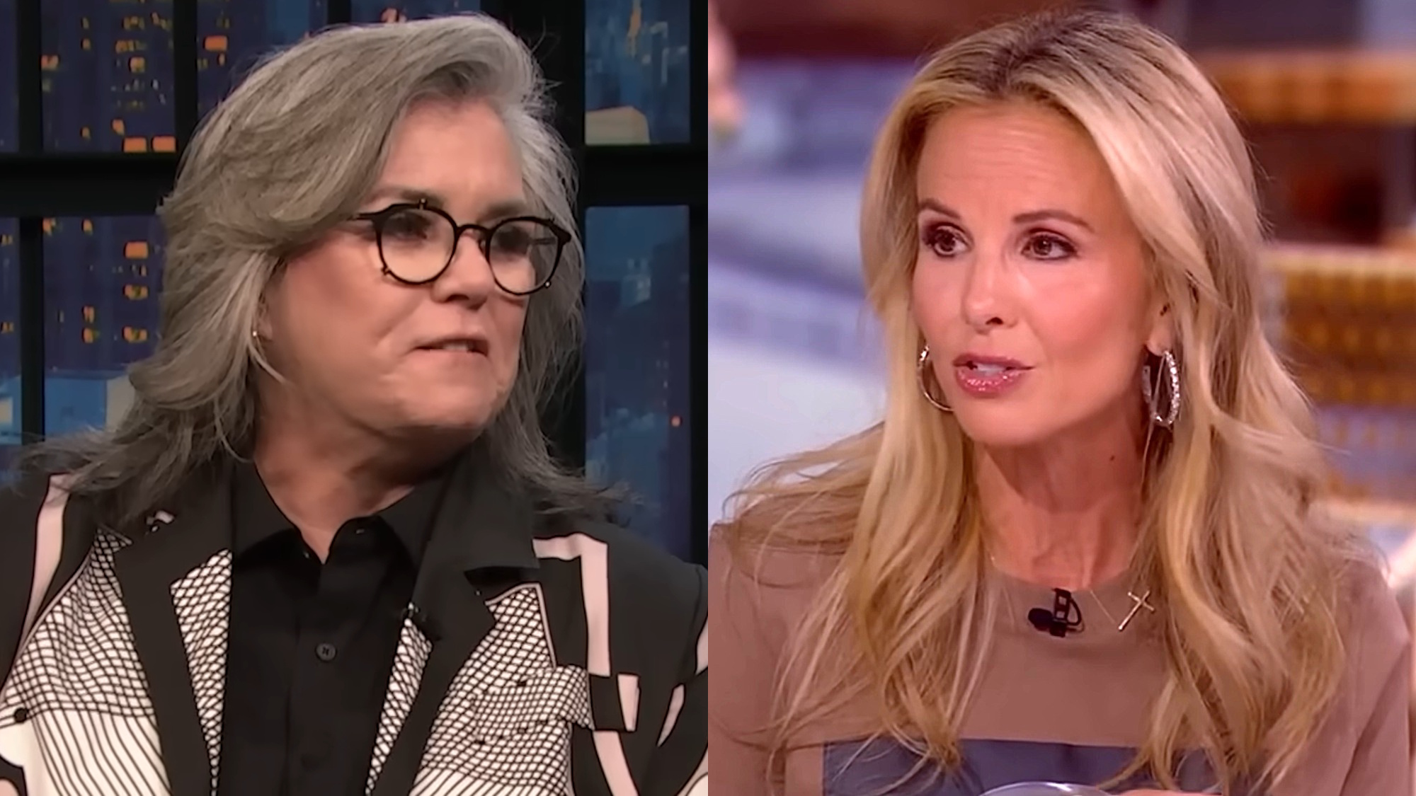 Rosie O'Donnell is shown on Late Night with Seth Meyers, and Elisabeth Hasselbeck is shown on The View.