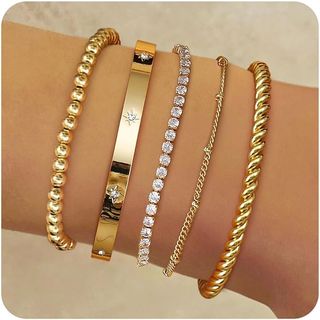 Lolias 5 Pcs Gold Bracelets for Women 14k Real Gold Bangle Cuff Bracelet Set Hypoallergenic Gold Beaded Paperclip Cz Tennis Cuban Chain Bracelet Stacking Bracelets Gold Jewellery for Women