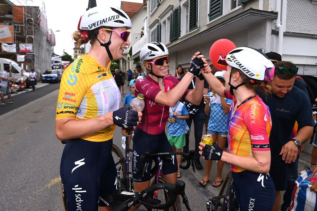 EBNATKAPPEL SWITZERLAND JUNE 20 LR Marlen Reusser of Switzerland Yellow Leader Jersey Demi Vollering of The Netherlands Pink UCI Womens WorldTour Leader Jersey and stage winner Niamh FisherBlack of New Zealand and Team SD Worx react after the 3rd Tour de Suisse Women 2023 Stage 4 a 1008km stage from EbnatKappel to EbnatKappel UCIWWT on June 20 2023 in EbnatKappel Switzerland Photo by Tim de WaeleGetty Images
