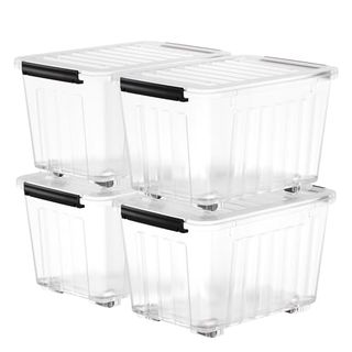 Four extra large clear plastic storage bins with clip-on lids 