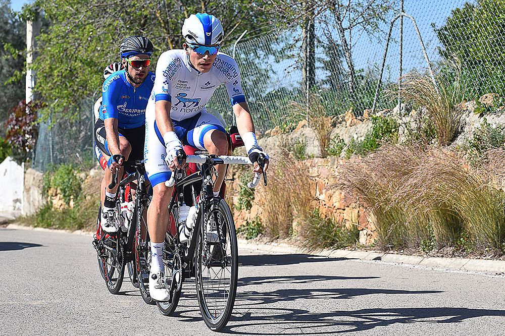 Charles Planet leads the day's breakaway at Algarve