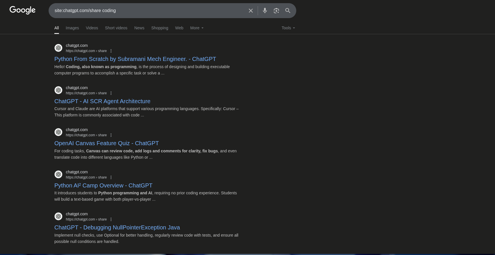 Viewing ChatGPT chat sessions relating to coding in Google Search results.