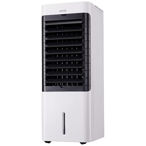 Mylek Air Cooler Fan, 6l Portable Mobile Evaporstive Cooling Purifier Humidifier 75w 3 Speeds, 3 Modes, Remote, Oscillation, Night Light Off Option, 12h Timer, 4 Ice Packs (white)