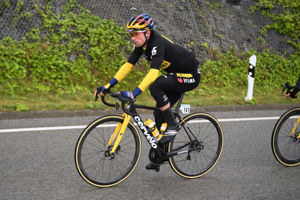 SESTAO SPAIN APRIL 06 Primoz Roglic of Slovenia and Team Jumbo Visma Yellow Leader Jersey during the 60th ItzuliaVuelta Ciclista Pais Vasco 2021 Stage 2 a 1548km stage from Zalla to Sestao 48m itzulia ehitzulia on April 06 2021 in Sestao Spain Photo by David RamosGetty Images