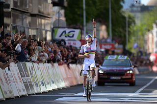 LIEGE BELGIUM APRIL 27 Tadej Pogacar of Slovenia and UAE Team Emirates celebrates at finish line as race winner during the 111st Liege Bastogne Liege 2025 a 252km one day race from Liege to Liege UCIWT on April 27 2025 in Liege Belgium Photo by Dario BelingheriGetty Images