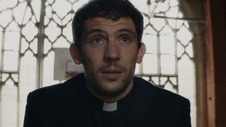 Josh O'Connor in the opening scene of Wake Up Dead Man