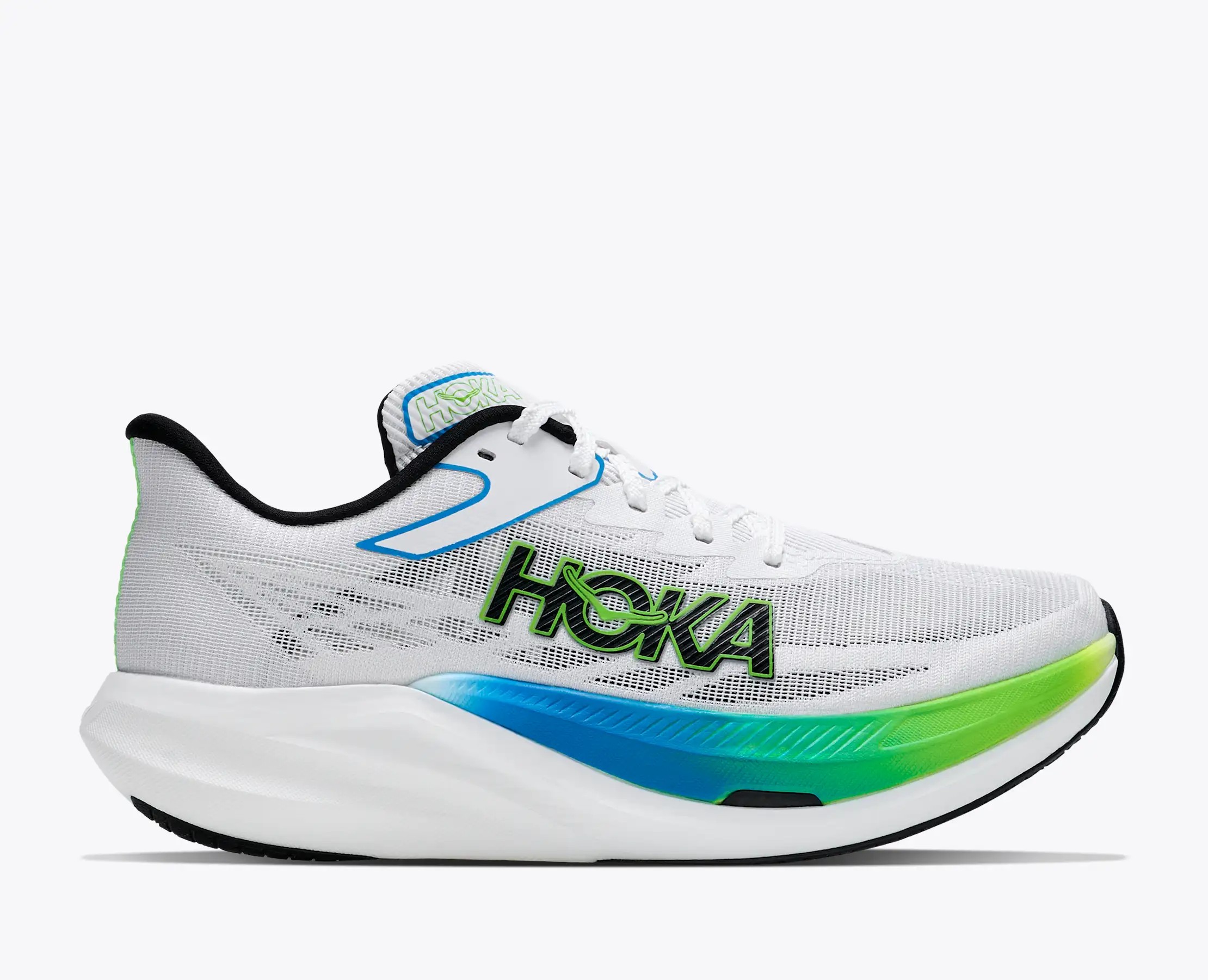 Hoka Rocket X3 running shoes in white, blue and green