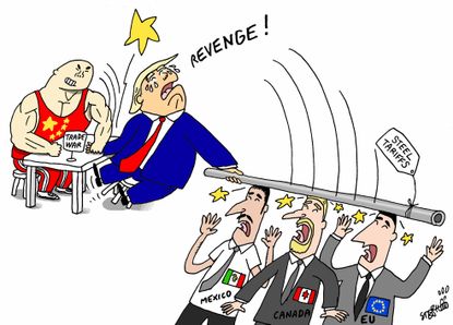 Political cartoon U.S. European Union trade war Trump China Mexico Canada tariffs