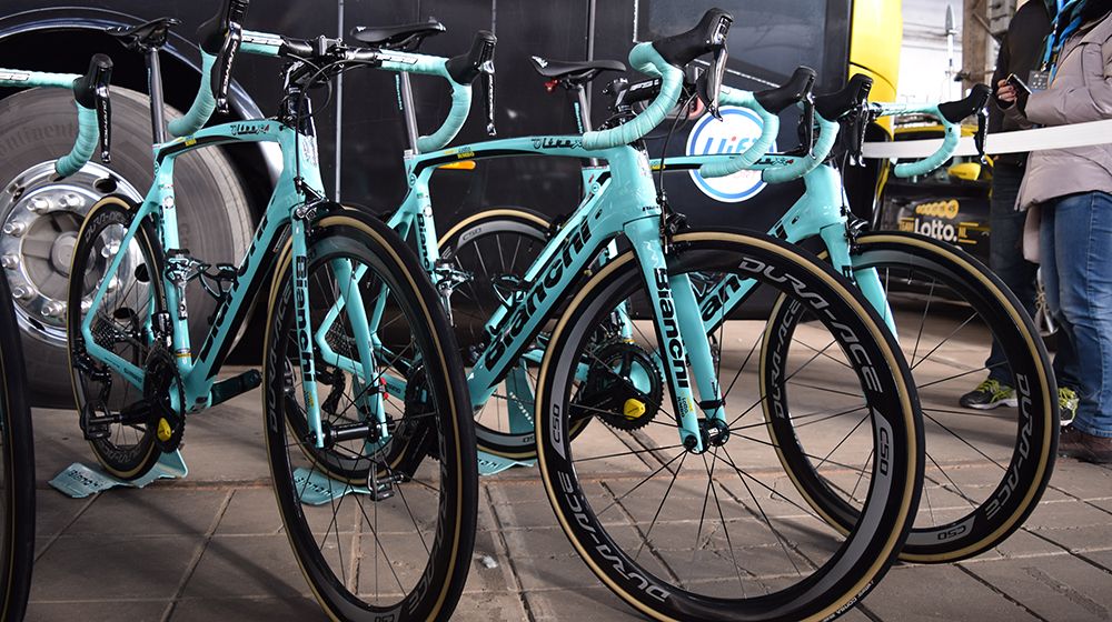 Team LottoNL-Jumbo's iconic celeste Bianchi Oltre XR4 took victory on Sunday's Kuurne-Brussel-Kuurne