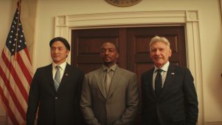 Takehiro Hira, Anthony Mackie, and Harrison Ford stand together for a photo op at the White House in Captain America: Brave New World.