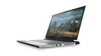 Alienware m17 R4 at an angle on a white background. The gaming laptop is open, with a screenshot of Halo: The Master Chief Collection. You can see the right-side ports, along with some ventilation. 