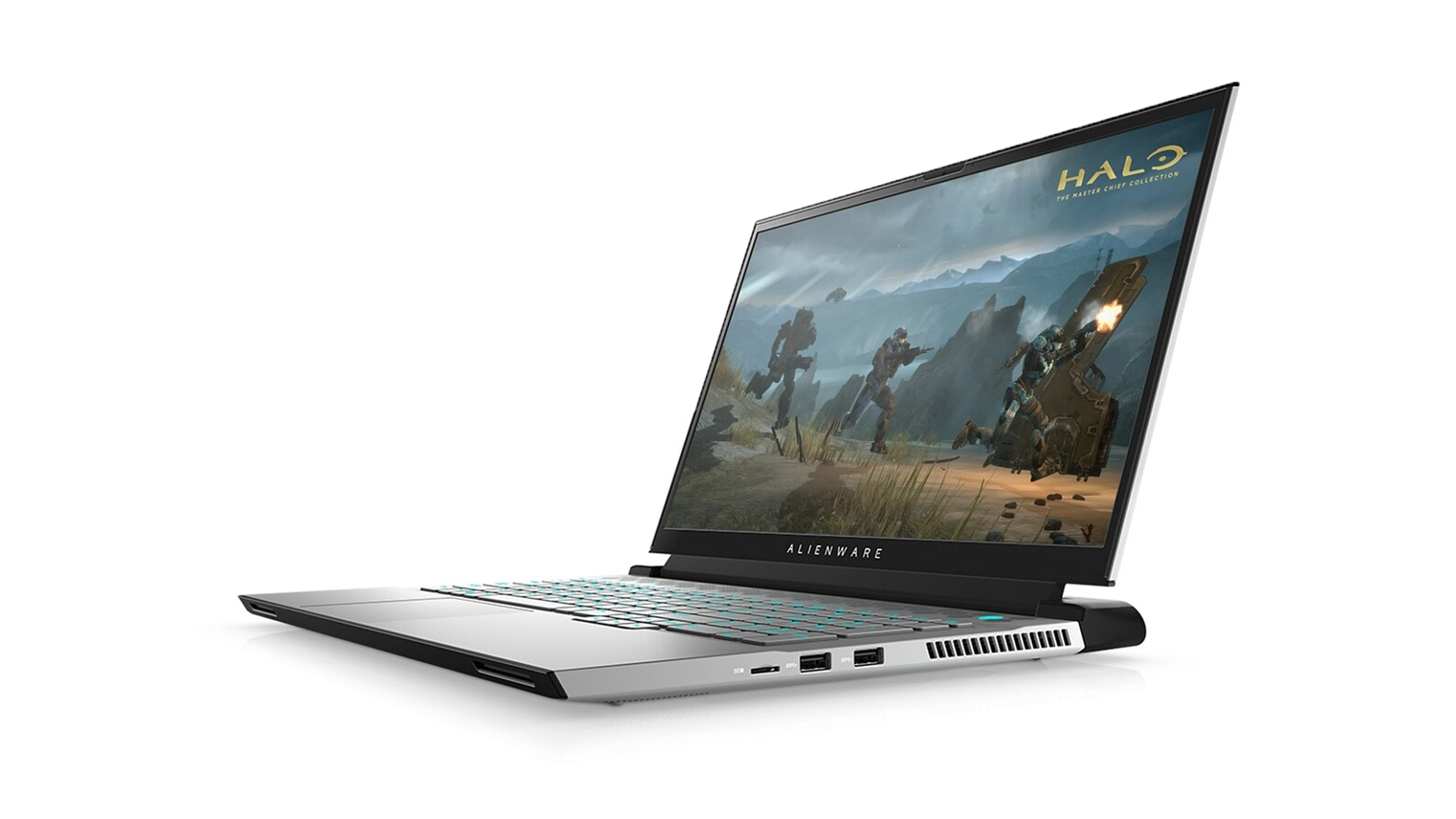 Alienware m17 R4 at an angle on a white background. The gaming laptop is open, with a screenshot of Halo: The Master Chief Collection. You can see the right-side ports, along with some ventilation.