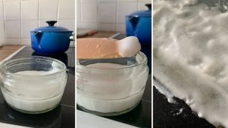 Image showing three steps of how to clean a glass oven door with baking soda paste