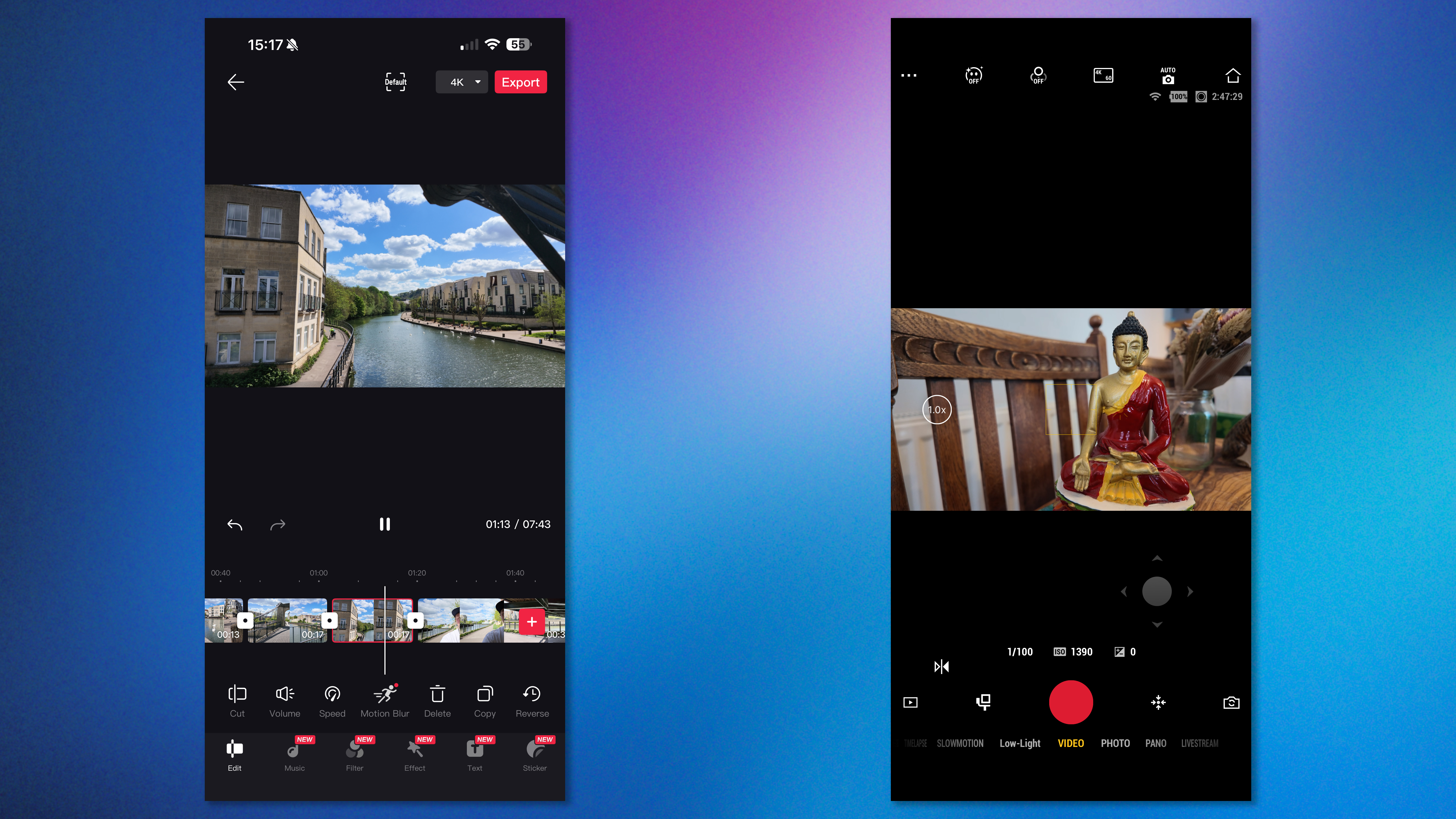 Two screenshots of the DJI Mimo app in use with the Osmo Pocket 4
