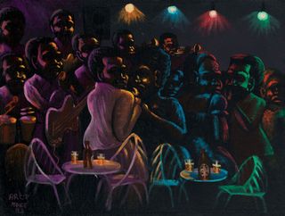 An image of artwork of African people in a nightclub stood around tables