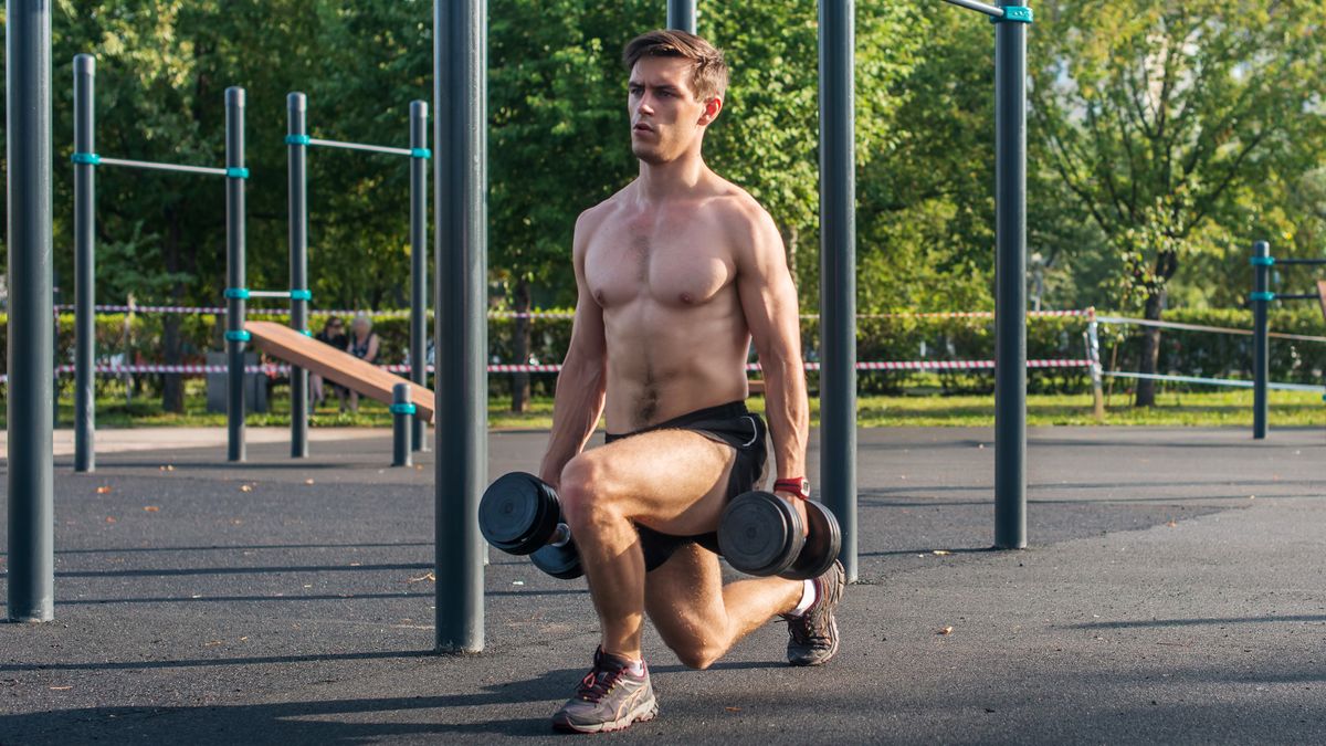 a photo of a man doing a forward lunge