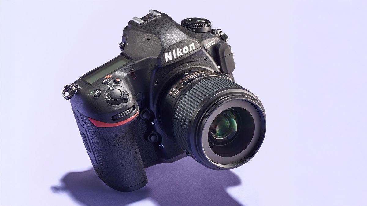 Nikon D850 against a lilac background