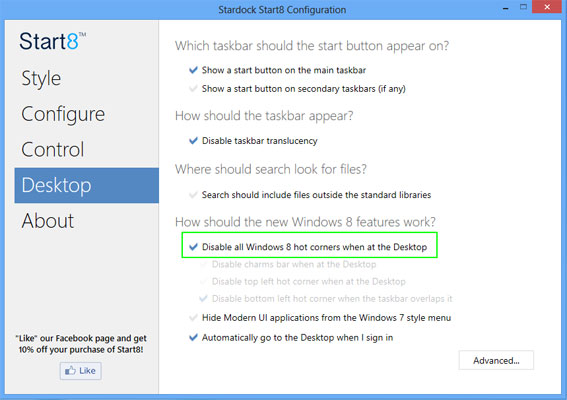 Start8 Disable Hot Corners