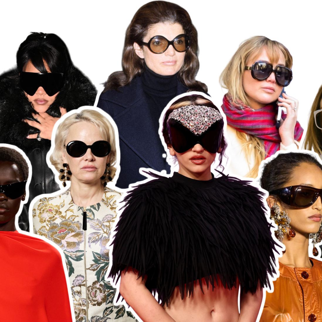 bug-eye sunglasses on Jackie Kennedy, Rihanna, Pamela Anderson, Rosalia, Jennifer Lawrence, fashion week guests, and Balenciaga and Saint Laurent models.
