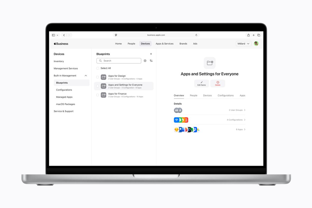 Apple Business suite application features pictured on a MacBook screen.