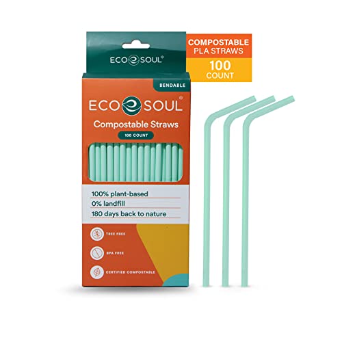 Eco Soul 100% Compostable Straws [100 Count][8.25"] Eco-Friendly Biodegradable Sustainable Disposable Straws, Cocktail Cold Drink Smoothie Bendable