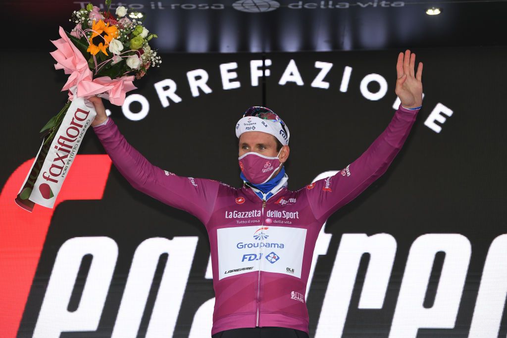 TORTORETO ITALY OCTOBER 13 Podium Arnaud Demare of France and Groupama FDJ Purple Points Jersey Celebration Flowers during the 103rd Giro dItalia 2020 Stage 10 a 177km stage from Lanciano to Tortoreto girodiitalia Giro on October 13 2020 in Tortoreto Italy Photo by Tim de WaeleGetty Images
