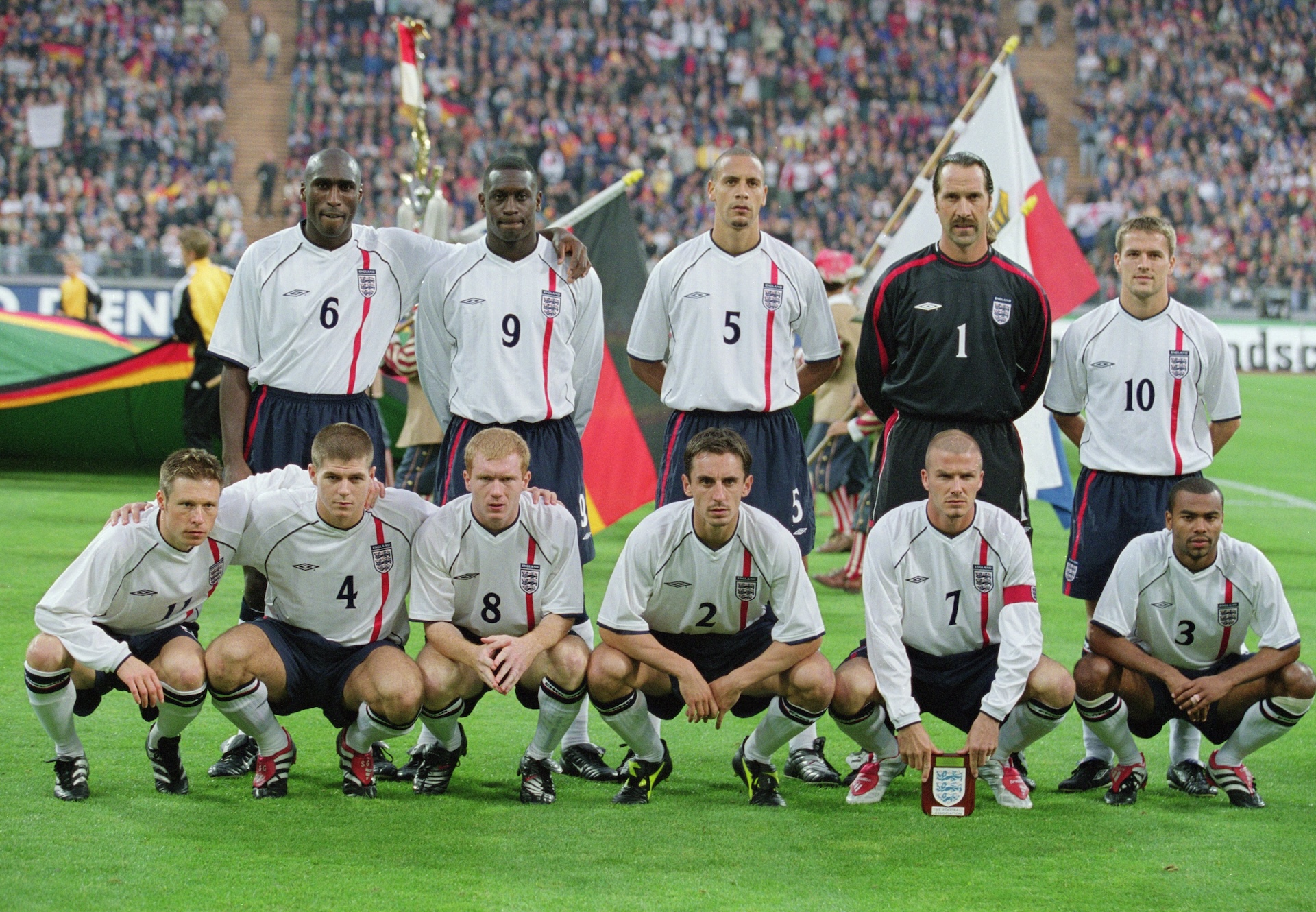 England team group before the FIFA World Cup 2002 Group Nine Qualifying match against Germany played at the Olympic Stadium, in Munich, Germany. England won the match 5-1.